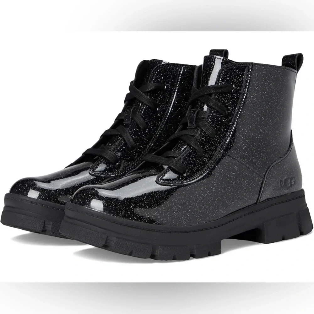 UGG Kids Black Glitter Patent Lace-Up Boots